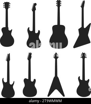 Black flat guitars collection. Acoustic and electric guitar musical instruments Vector silhouette guitar doodle set. Stock Vector