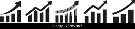 Growing graph icon set flat style. Business chart with arrow, Growths chart, Profit growing, Growth success, Chart increase simple black style symbol Stock Vector