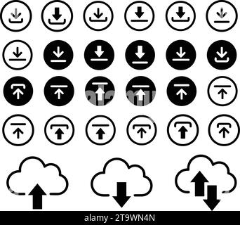 Download button flat vector icons set. install symbol. Upload button collection. Load symbol. Modern Cloud download and upload icon, simple flat and l Stock Vector