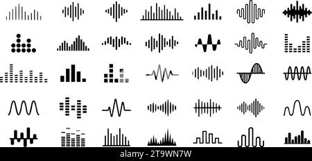 Sound waves icons set. Analog and digital audio signal collection. Music equalizer. Interference voice recording. High frequency radio wave. Vector il Stock Vector