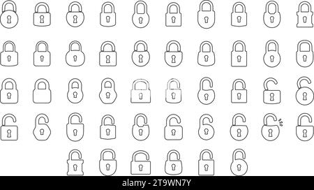 Set of Silhouette of locked and unlocked padlock. Line design. close and open lock collection. Security symbol. Privacy symbol vector stock illustrati Stock Vector