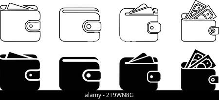 Money wallet icon set in flat and line style. Wallets symbol collection. Purse sign Stock Vector