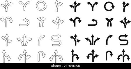 Road traffic direction arrows line and flat set. You-turn, left, right, two way, three way transportation direction arrow symbol. decision icon vector Stock Vector
