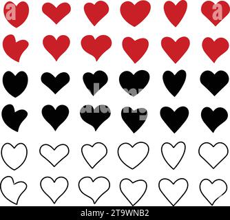 Collection of red and black heart symbol, Love hearts signs icon set, love symbol vector. Hand drawn style. Stock Vector