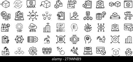 Industry or factory data and processing document line icons set. Data, finance, computer, Networking and supply chain collection Stock Vector