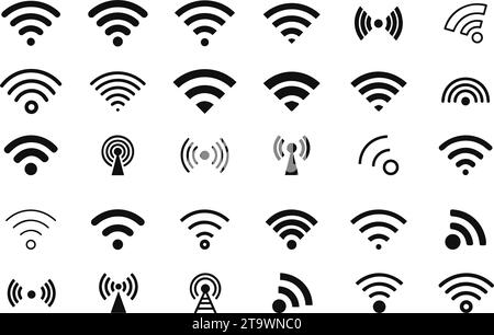 WIFI signal collection. Wireless internet symbol. Set of sign for connect of network. Bar of satellites for mobile, radio, computer. Hotspot, strength Stock Vector