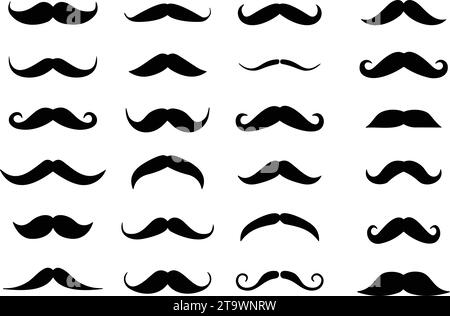 Different mustache set. Hipster mustache collection. Mustaches. Black silhouette of adult man mustaches. Symbol of Fathers day. Vector illustration Stock Vector