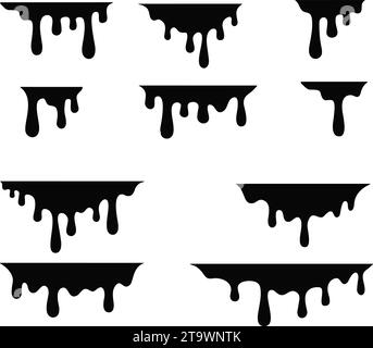 Paint dripping flat set. Dripping liquid. Paint flows. Current paint, stains. Ink Current drops. Vector illustration. Flowing liquid. Stencil drops. P Stock Vector