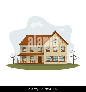 Old abandoned dilapidated broken house. Decaying cottage with broken windows. Natural disaster insurance scene. House damaged by cataclysm Stock Vector