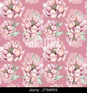 Seamless pattern with watercolor pink peonies Stock Photo
