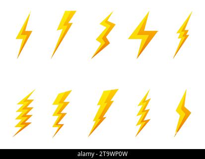 Lightning bolt icons collection set isolated on white background. Yellow flash symbol, thunderbolt. Golden simple lightning strike sign. Stock Vector