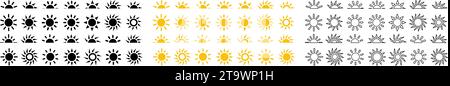 Sun icons vector symbol set. Yellow suns star icons collection. Summer, sunlight, nature, sky sunset and sunrise, half sun Stock Vector