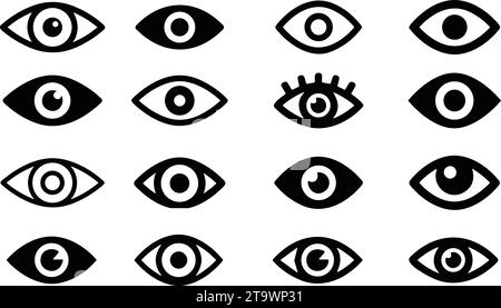 Set of flat and line Eyes icons. Group Eyesight symbol. Collection Retina scan eye. Simple eye. vector. Stock Vector