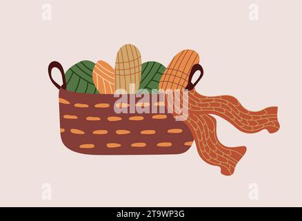Yarn for knitting in a wicker basket, balls of woolen yarn for needlework, knitting and crocheting. Banner with threads is ideal for posters, greeting cards and various creative projects Stock Vector