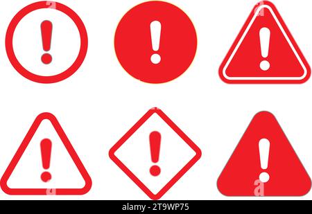 Red Caution, danger and warning signs icons set vector. Exclamation marks. Attention alert or error massage Stock Vector