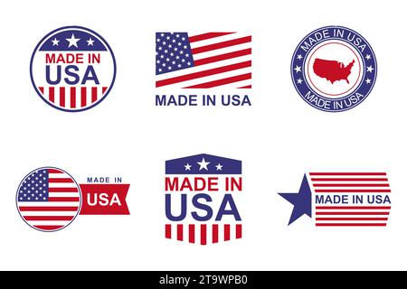 Made in USA labels set. Product manufactured in the United States of America icon patriotic signs. American quality business and national theme. Stock Vector