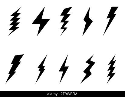 Lightning bolt icons collection set isolated on white background. Flash symbol, thunderbolt. Simple lightning strike sign. Vector illustration. Stock Vector