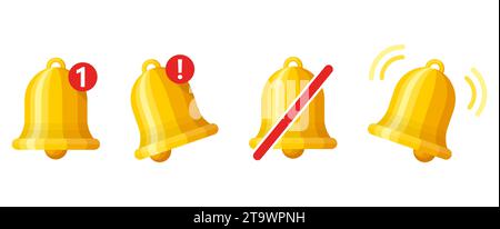 Notification bell icon set isolated on white background. Gold ringing bell with new notification for social media reminder. Sign for alarm clock Stock Vector