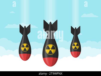 Atom bombs falling on the sky, Nuclear war. Atomic rocket air bomb. Bombshell, Mmissile army. Nuke radiation vector illustration. Stock Vector