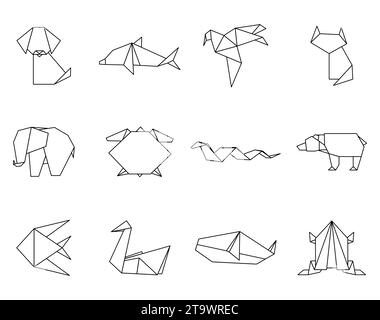 Origami japanese animals set icons. Modern hobby. Polygon folded paper figure toy. Art of paper folding. Cartoon geometric wild animal shaped figures. Stock Vector