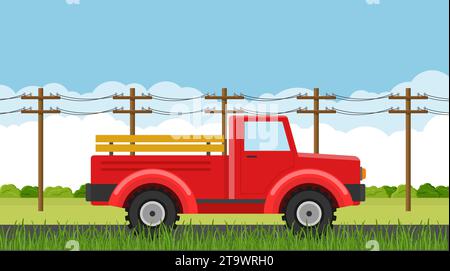 Pickup truck driving on a countryside during summer season. Retro farming vehicles for transportation and hauling production. Car, rural road Stock Vector