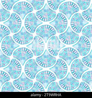 Art deco style abstract watercolor sea shells geometric forms seamless pattern background. Hand drawn teal blue shell elements texture. Watercolour pr Stock Photo