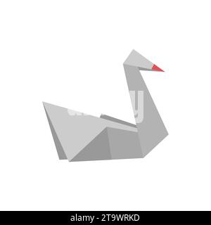 Origami paper Swan in a flat style isolated on white. Art of paper folding. Japan origami crane. Paper figure swan toy icon. Cartoon geometric Stock Vector