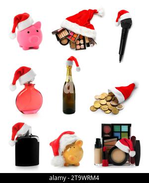 Set of Santa Claus hats with different items on white background Stock Photo