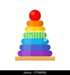 Children pyramid toy icon isolated on white background. Baby ring pyramid, rainbow colored circles sign. Single toddler training educational toy. Stock Vector