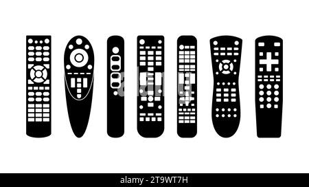 TV remote control icons device different shape set on white background. Television technology channel surfing equipment with buttons distance media Stock Vector