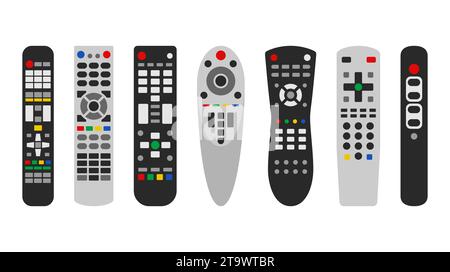 TV remote control device different shape set on white background. Television technology channel surfing equipment with buttons distance media keyboard Stock Vector