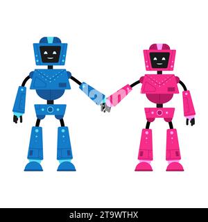 Cute cartoon robots male and famale holding hands isolated on white background. Funny futuristic bots boy and girl with smiling friendly face Stock Vector