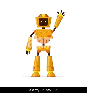 Cute robot waving with hand gesturing hi isolated on white background. Funny futuristic bot with smiling friendly face and screen. Humanoid machine Stock Vector