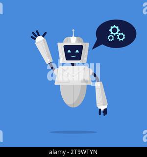 Smiling robot chatbot helping solve problems. Greeting moves. Futuristic chatbot mascot with speech bubble. Virtual assistant for the site. Stock Vector