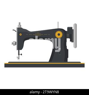 Retro sewing machine isolated on white background. Mechanical device for stitching fabric and creating garments. Vintage machine for sewing icon. Old Stock Vector