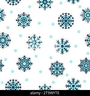 Seamless Christmas pattern with blue snowflakes on white background. Winter decoration. Happy new year, cold season snowfall. Vector illustration. Stock Vector