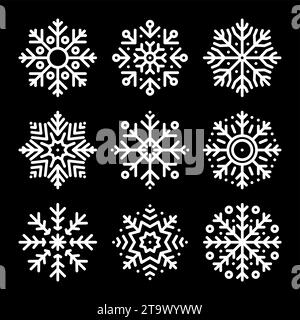 Set of snowflake icons isolated on black background. Snow icons silhouette, winter, New year and Christmas decoration elements. Vector illustration. Stock Vector