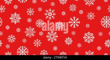 Seamless Christmas pattern with white snowflakes on red background. Winter decoration. Happy new year, cold season snowfall. Vector illustration. Stock Vector