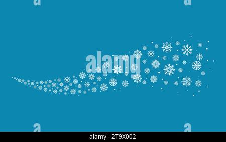 Snowflake wave swirl isolated on blue background. Falling snowflakes Christmas and New Year celebration concept, snowy winter blizzard decorative Stock Vector