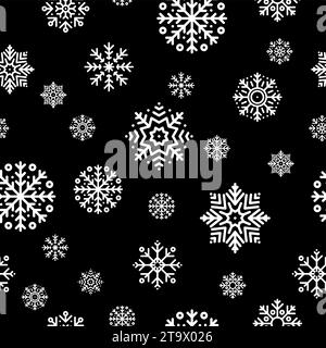 Seamless Christmas pattern with white snowflakes on black background. Winter decoration. Happy new year, cold season snowfall. Vector illustration. Stock Vector
