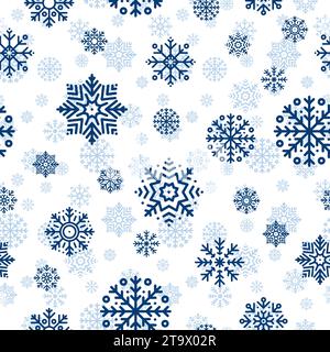 Seamless Christmas pattern with blue snowflakes on white background. Winter decoration. Happy new year, cold season snowfall. Vector illustration. Stock Vector