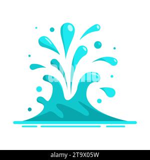 Water splash in the flat cartoon style isolated on white background. Blue water motion effects, flows, streams, spills. Falling aqua drops. Stock Vector