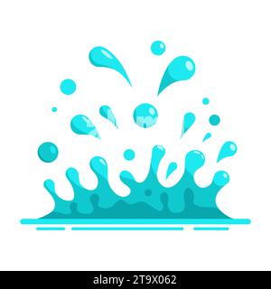 Water splash in the flat cartoon style isolated on white background. Blue water motion effects, flows, streams, spills. Falling aqua drops. Stock Vector