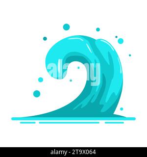 Water wave in the flat cartoon style isolated on white background. Blue water motion effects, flows, streams, spills. Falling aqua drops splash. Stock Vector