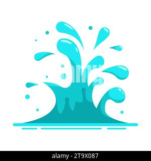 Water splash in the flat cartoon style isolated on white background. Blue water motion effects, flows, streams, spills. Falling aqua drops. Stock Vector