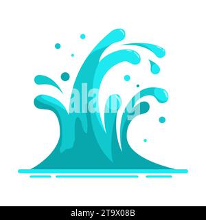 Water splash in the flat cartoon style isolated on white background. Blue water motion effects, flows, streams, spills. Falling aqua drops. Stock Vector