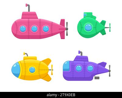 Colorful submarines set with periscope isolated on white background. Underwater ship, bathyscaphe floating under sea water. Deep-sea subs for water Stock Vector