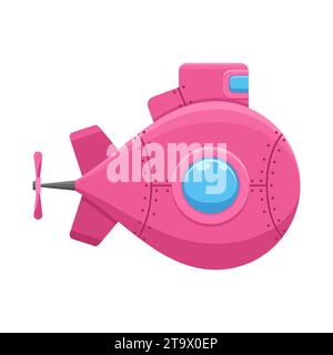 Pink submarine with periscope isolated on white background. Underwater ship, bathyscaphe floating under sea water. Vector illustration. Stock Vector