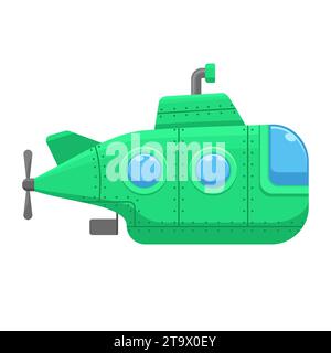 Green submarine with periscope isolated on white background. Underwater ship, bathyscaphe floating under sea water. Vector illustration. Stock Vector