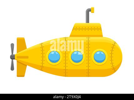 Yellow submarine with periscope isolated on white background. Underwater ship, bathyscaphe floating under sea water. Vector illustration. Stock Vector